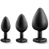 Набор из 3 черных пробок с прозрачным кристаллом-сердечком Bling Plugs Training Kit - Blush Novelties - купить с доставкой в Набережных Челнах