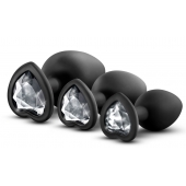 Набор из 3 черных пробок с прозрачным кристаллом-сердечком Bling Plugs Training Kit - Blush Novelties - купить с доставкой в Набережных Челнах
