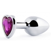 Серебристая анальная пробка с фиолетовым кристаллом-сердечком - 8 см. - Anal Jewelry Plug - купить с доставкой в Набережных Челнах