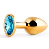 Золотистая анальная пробка с голубым стразом - 7,2 см. - Anal Jewelry Plug - купить с доставкой в Набережных Челнах