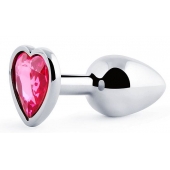 Серебристая анальная пробка с розовым кристаллом-сердечком - 7 см. - Anal Jewelry Plug - купить с доставкой в Набережных Челнах