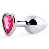 Серебристая анальная пробка с малиновым кристаллом-сердечком - 7 см. - Anal Jewelry Plug - купить с доставкой в Набережных Челнах