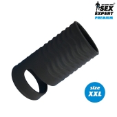 Черная открытая насадка на пенис с кольцом для мошонки XXL-size - 9,4 см. - Sex Expert - в Набережных Челнах купить с доставкой