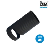 Черная открытая насадка на пенис с кольцом для мошонки size M - 7,9 см. - Sex Expert - в Набережных Челнах купить с доставкой