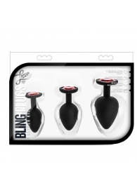 Набор черных анальных пробок с красным кристаллом-сердечком Bling Plugs Training Kit - Blush Novelties - купить с доставкой в Набережных Челнах