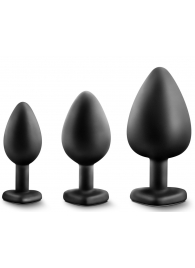 Набор из 3 черных пробок с прозрачным кристаллом-сердечком Bling Plugs Training Kit - Blush Novelties - купить с доставкой в Набережных Челнах