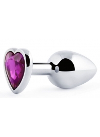 Серебристая анальная пробка с фиолетовым кристаллом-сердечком - 8 см. - Anal Jewelry Plug - купить с доставкой в Набережных Челнах