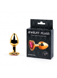 Золотистая анальная пробка с малиновым кристаллом-сердечком - 7 см. - Anal Jewelry Plug - купить с доставкой в Набережных Челнах