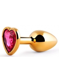 Золотистая анальная пробка с малиновым кристаллом-сердечком - 7 см. - Anal Jewelry Plug - купить с доставкой в Набережных Челнах