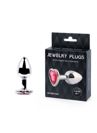 Серебристая анальная пробка с малиновым кристаллом-сердечком - 7 см. - Anal Jewelry Plug - купить с доставкой в Набережных Челнах