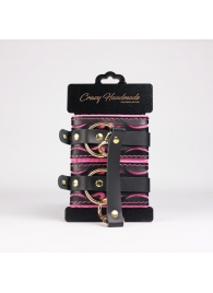 Черные кожаные оковы с розовой строчкой - Crazy Handmade - купить с доставкой в Набережных Челнах