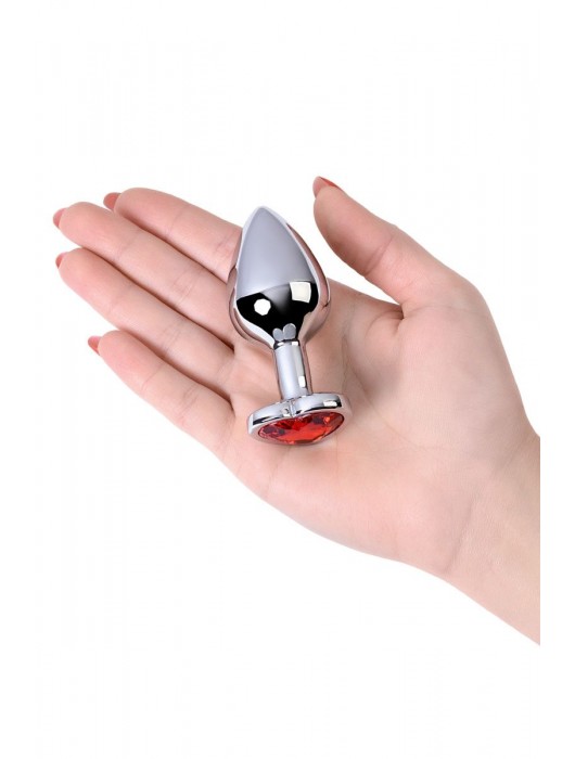 Серебристая коническая анальная пробка с красным кристаллом-сердечком - 7 см. - ToyFa - купить с доставкой в Набережных Челнах