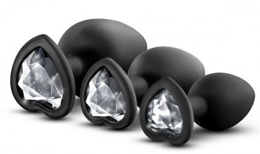 Набор из 3 черных пробок с прозрачным кристаллом-сердечком Bling Plugs Training Kit - Blush Novelties - купить с доставкой в Набережных Челнах