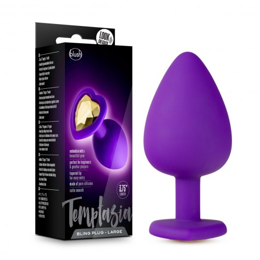 Фиолетовая анальная пробка Bling Plug Large с золотистым стразом - 9,5 см. - Blush Novelties - купить с доставкой в Набережных Челнах