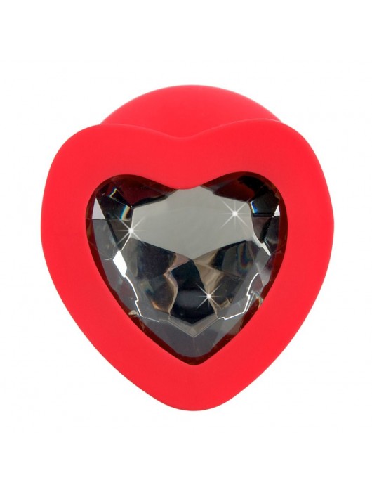Красная силиконовая анальная пробка с черным стразом-сердечком - 9,3 см. - Orion - купить с доставкой в Набережных Челнах