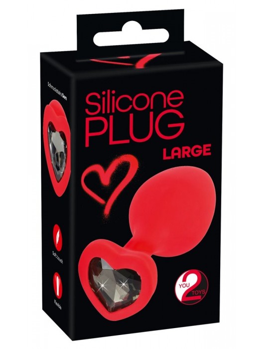 Красная силиконовая анальная пробка с черным стразом-сердечком - 9,3 см. - Orion - купить с доставкой в Набережных Челнах