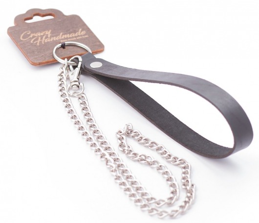 Серебристый металлический поводок с кожаной черной ручкой - 80 см. - Crazy Handmade - купить с доставкой в Набережных Челнах