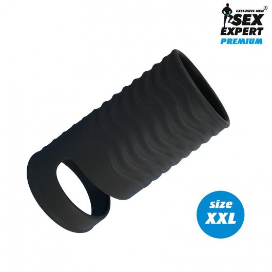 Черная открытая насадка на пенис с кольцом для мошонки XXL-size - 9,4 см. - Sex Expert - в Набережных Челнах купить с доставкой