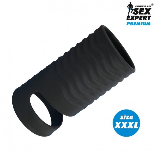 Черная открытая насадка на пенис с кольцом для мошонки XXXL-size - 9,9 см. - Sex Expert - в Набережных Челнах купить с доставкой