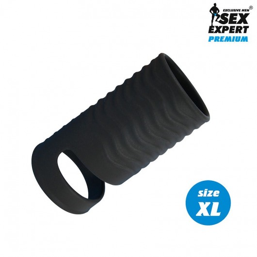 Черная открытая насадка на пенис с кольцом для мошонки XL-size - 8,9 см. - Sex Expert - в Набережных Челнах купить с доставкой