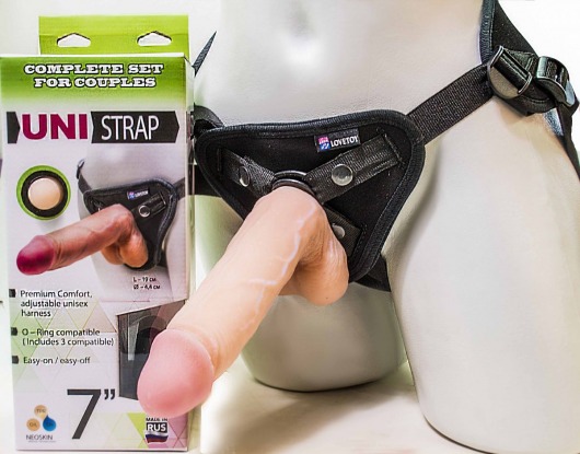 Страпон-унисекс с двумя насадками UNI strap 7  Harness - 19 и 16 см. - LOVETOY (А-Полимер) - купить с доставкой в Набережных Челнах