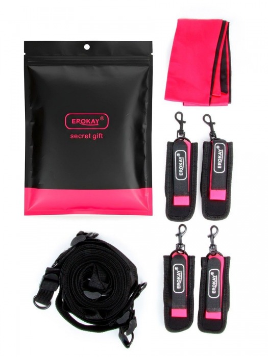 Черно-розовый эротический набор: фиксатор, оковы, наручники, повязка - Erokay - купить с доставкой в Набережных Челнах
